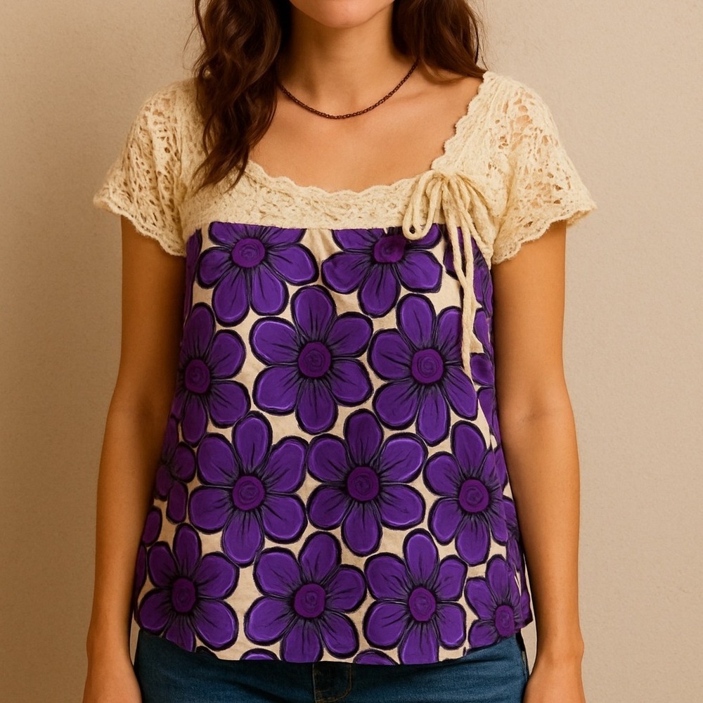 Coreylynn Calter Purple Flower Crochet Top Size Small Flowy Silk